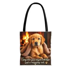 Puppy by the Fireplace Tote Bag | Cozy Dog New Year Quote