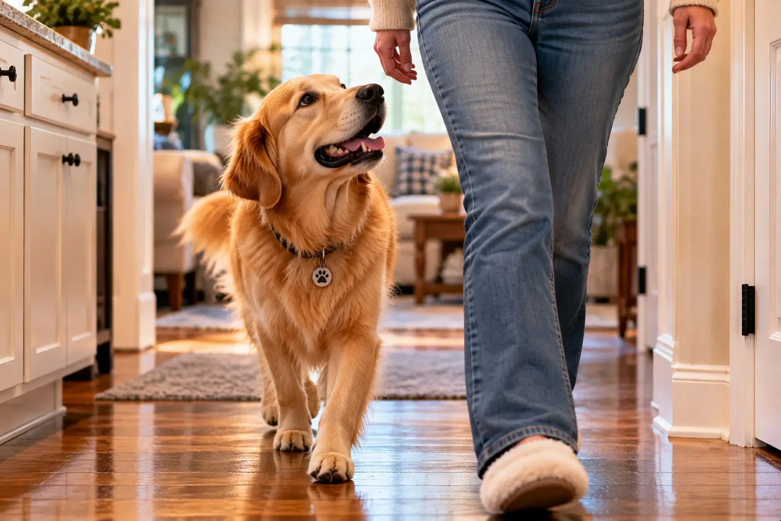Golden retriever following its owner through the house